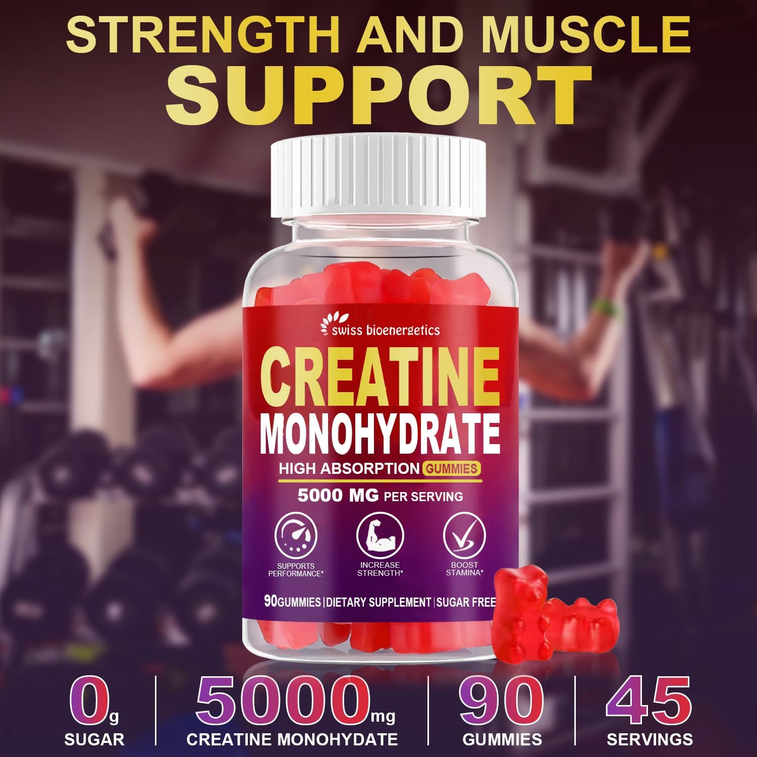 Creatine Monohydrate Gummies Infused with 5g Creatine for Men and Women, Chewable Creatine Monohydrate for Muscle Strength, Muscle Builder, Energy Boost, Pre-Workout Supplement- 180 Raspberry Gummies