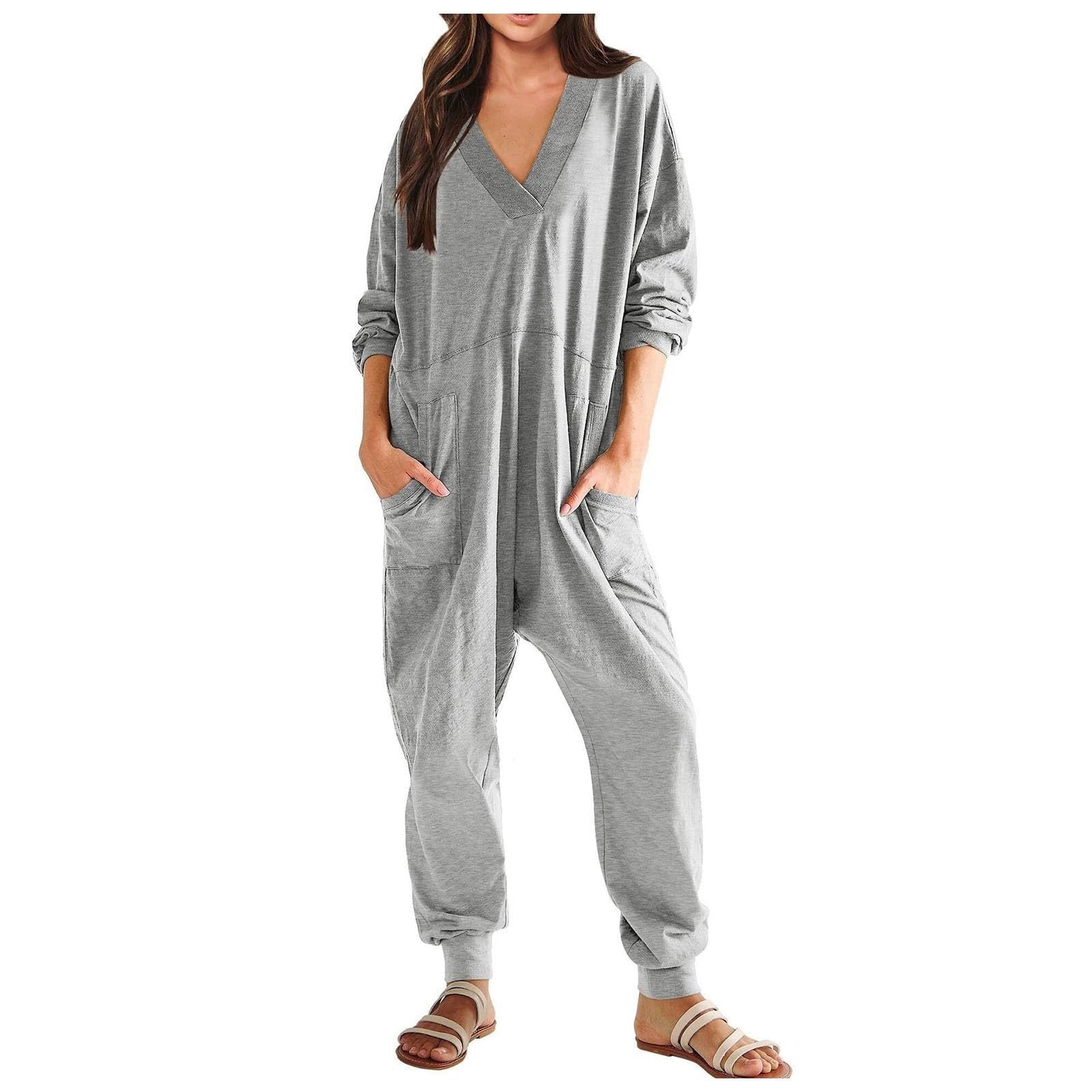 Combinaison à manches longues pour femme - Salopette ample avec poche - Col en V - Pyjama une pièce - Combinaison surdimensionnée légère et respirante - Baggy confortable - Vêtement de nuit sportif