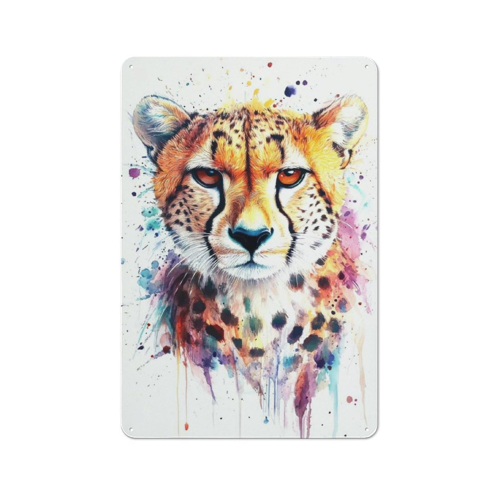 Junmoney Cheetah Watercolor Portrait Metal Plaque 30X20cm With For Hallway Wall, Rustic Decor, For Garage, Workshop And Man Cave Decoration