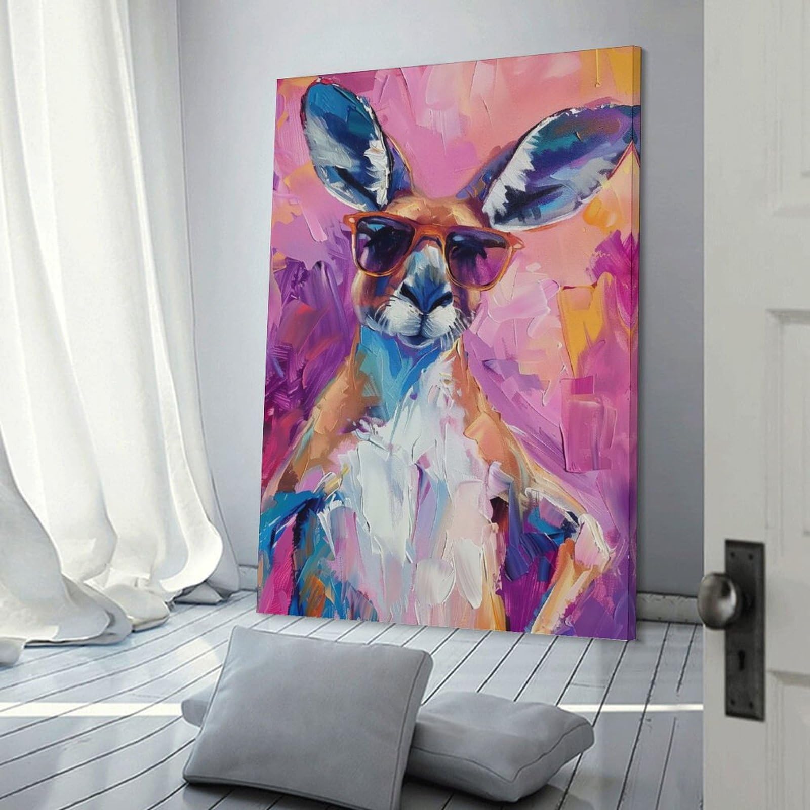 Junmoney Frame-Style Cool Kangaroo Painting With Sunglasses Hanging Wall Art, 20X30inch(50X75cm), For Entrance Walls, Hall Decor Or Foyers, Wall Decor To Refresh Empty Corners