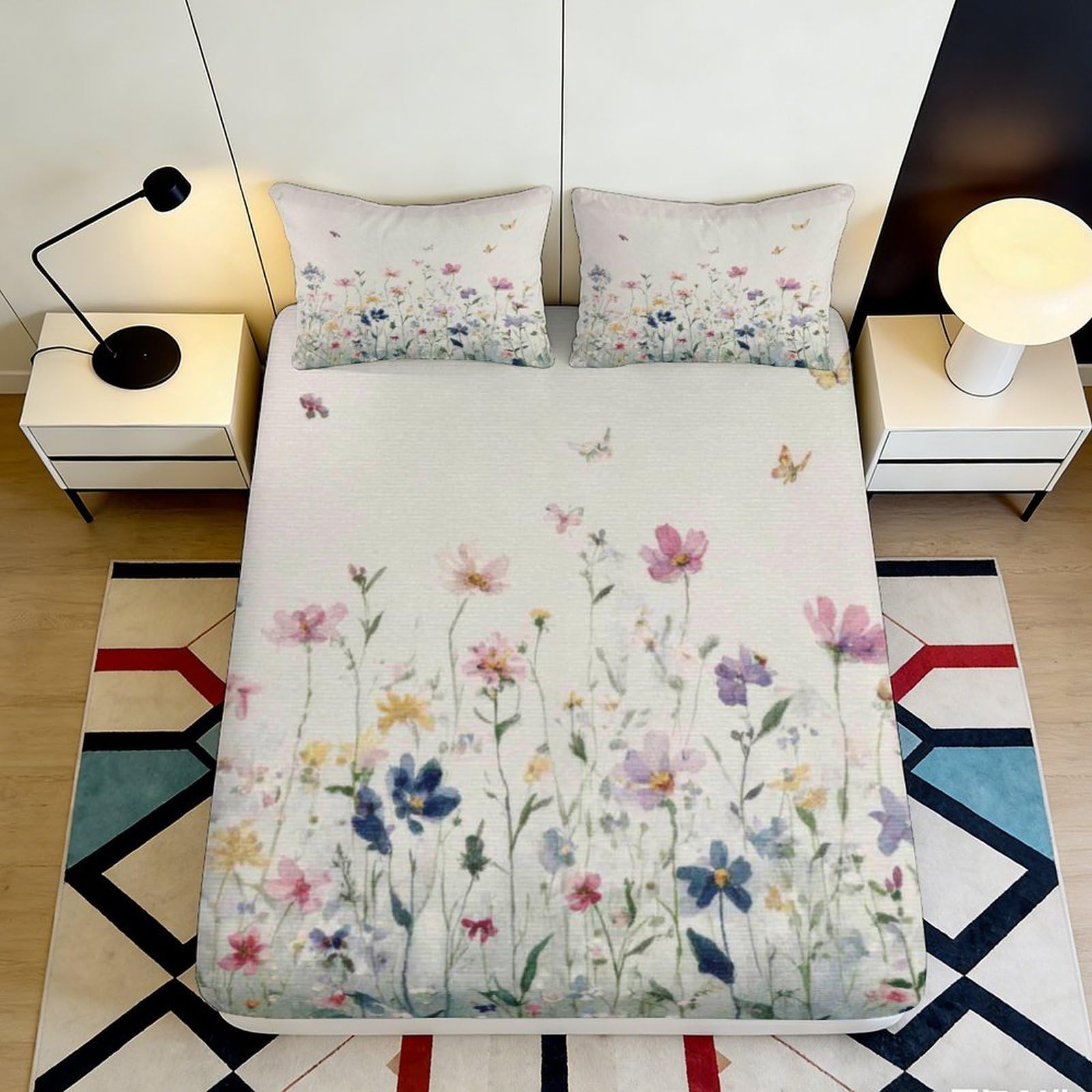 3D Printed Wildflower Meadow Fitted Sheet Microfiber Soft Floral Bed Cover for Bedroom Guest Room Decor 90x200x25cm