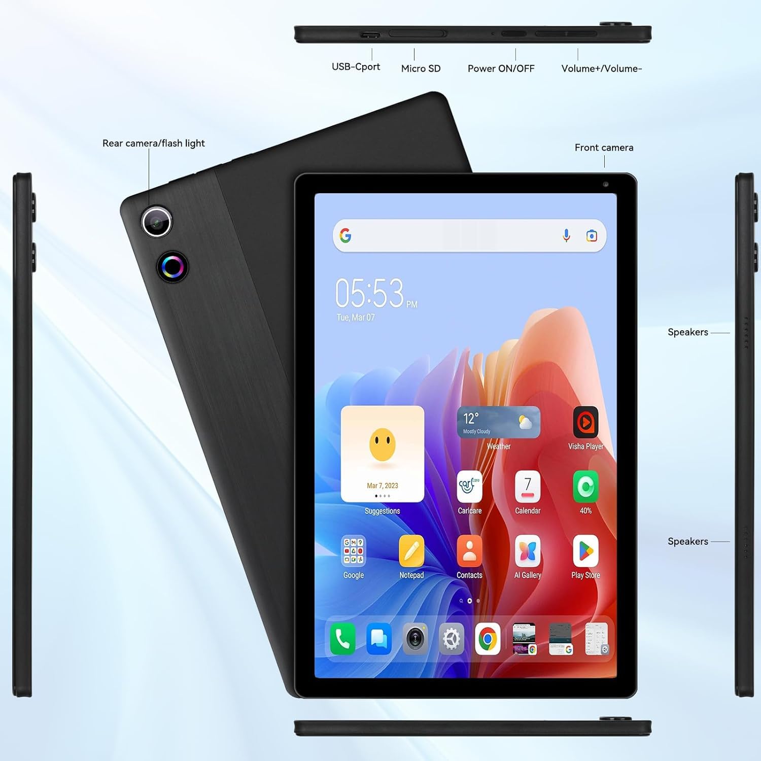 MUISOO 10 Inch Android 14 Tablet, 16GB RAM, 128GB ROM (Expandable to 1TB), Octa-Core Processor, 1280 * 800 IPS HD Touchscreen, 5G/2.4G WiFi, BT 5.0, Dual Camera, 2 Speaker (Black) — view 6