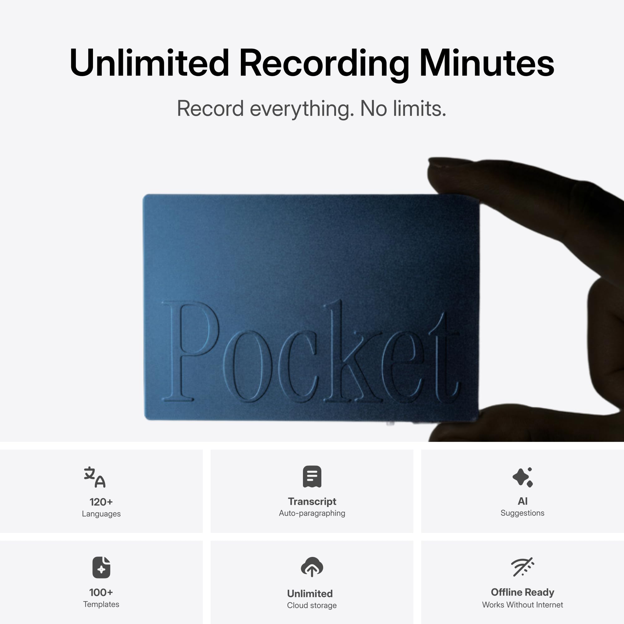 Grabadora de voz Pocket AI y asistente inteligente – Transcripción automática, resúmenes y artículos de acción – Tomador de notas de IA portátil para reuniones, llamadas y productividad – Azul Sierra