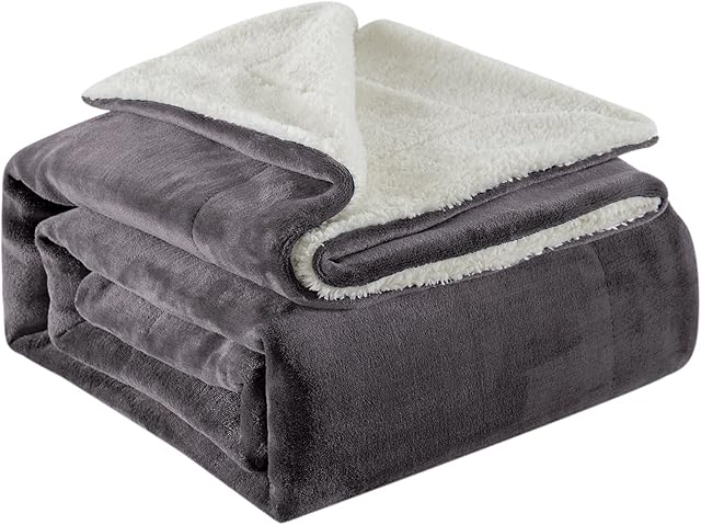 Lifewit Sherpa Throw Blanket Reversible Soft Blanket for Couch Sofa Bed, Decorative Thick Fuzzy Fluffy Fleece Blanket for Travel and Outdoor Camping, Grey, 130 x 150cm