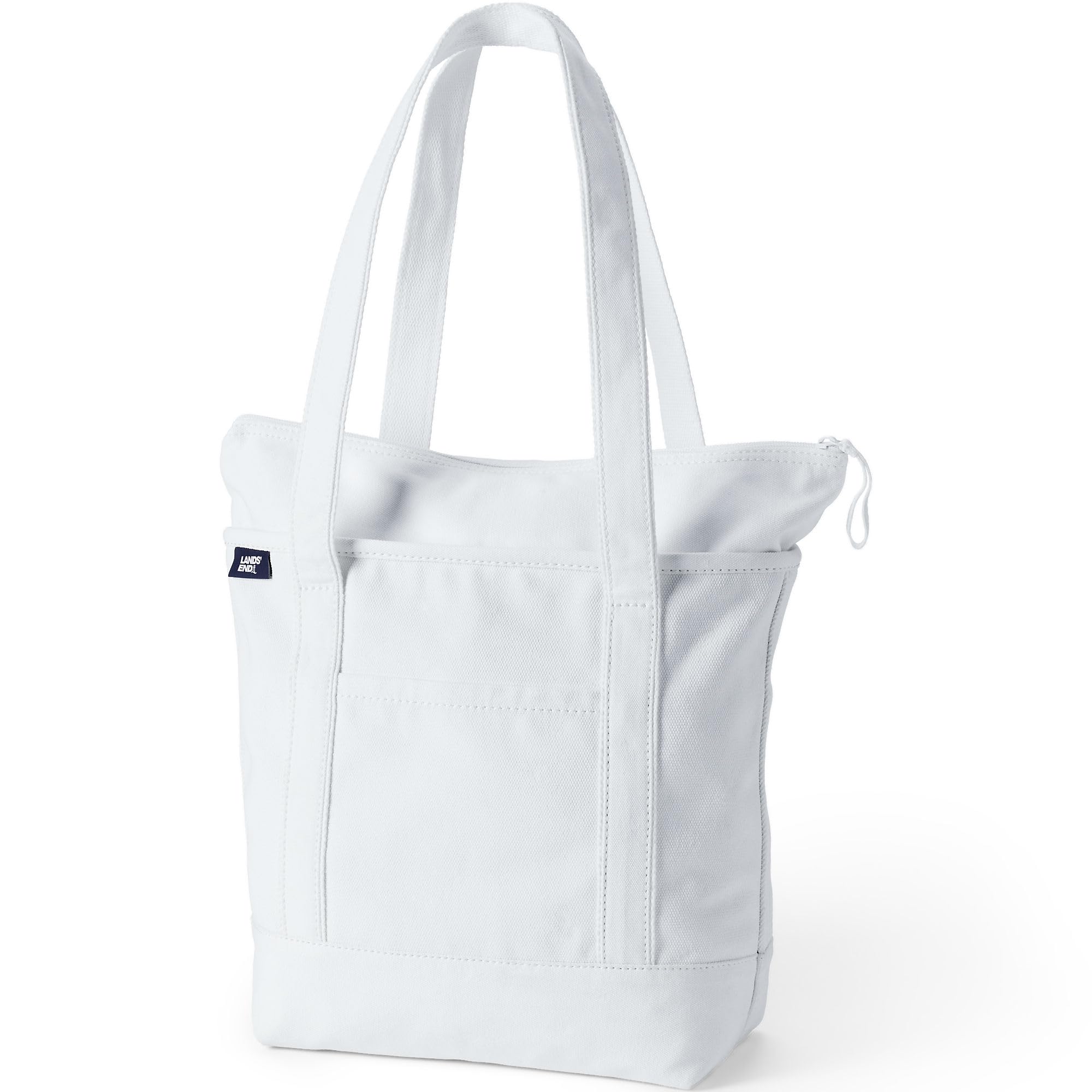 Lands' End Solid Long Handle Zip Top Canvas Tote White Large Long Handle