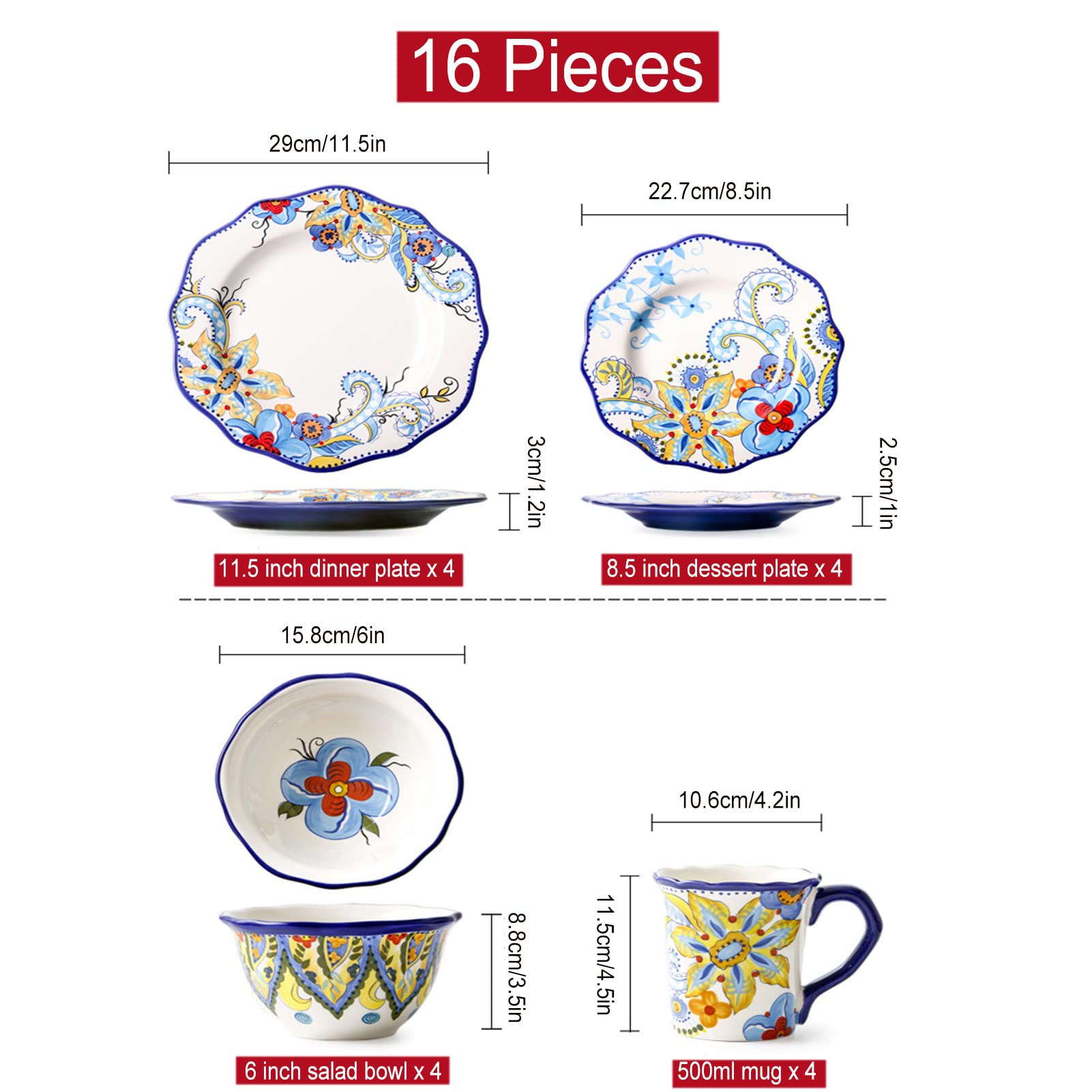 Kompletny i nowoczesny porcelanowy zestaw obiadowy dla 4 osób (16 sztuk) Talerze obiadowe, talerze deserowe, miski na płatki i kubki, zastawa stołowa z nieregularnymi krawędziami