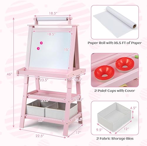 Miniatura 3 de HONEY JOY Caballete de arte para niños, caballete de madera de doble cara 3 en 1 con pizarra blanca magnética y pizarra, rollo de papel, 2