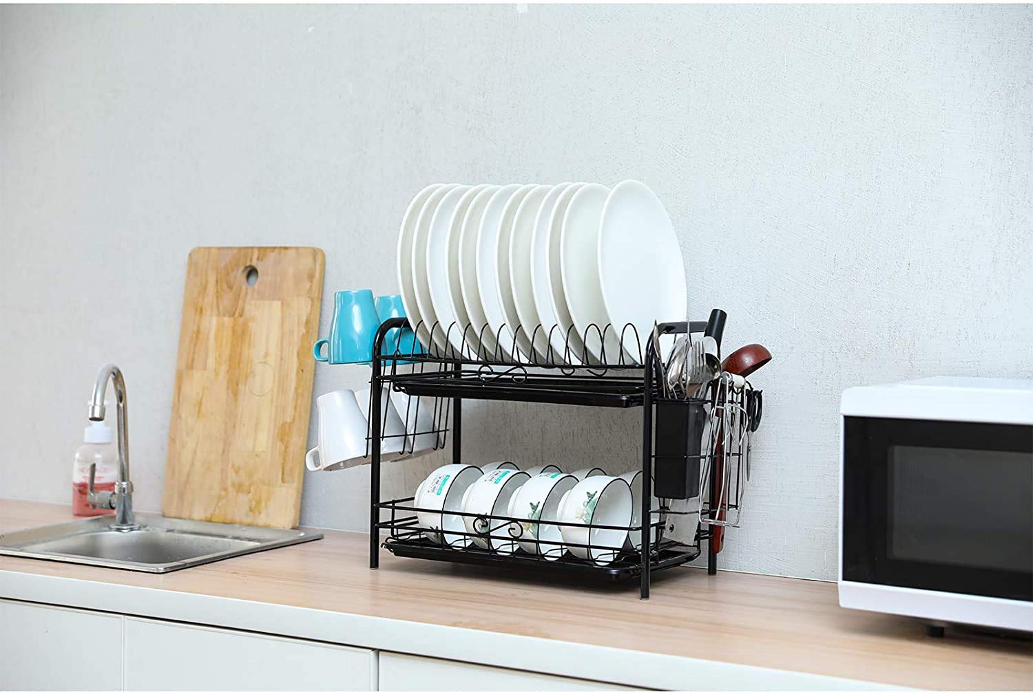 YCOCO Abtropfgestell, 2 Etagen, rostfrei, Abtropfgestell für Küche, Organizer, platzsparendes Regal mit abnehmbarem Abfluss, Utensilienhalter, Getränkehalter und Haken, schwarz