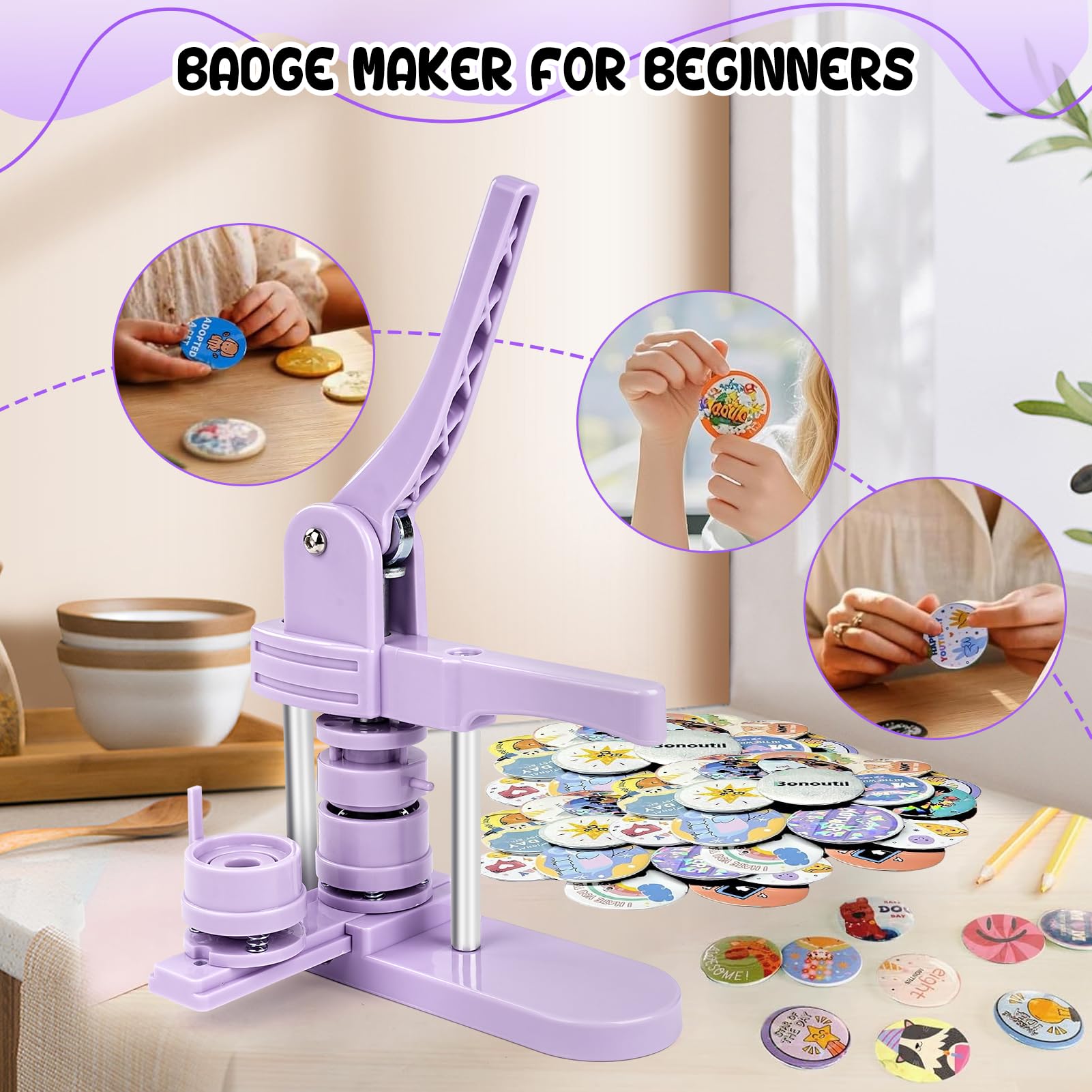 Máquina para hacer botones, 25 mm/32 mm/58 mm, kit de prensa de insignias personalizado con 300 piezas de botón para regalos, color morado