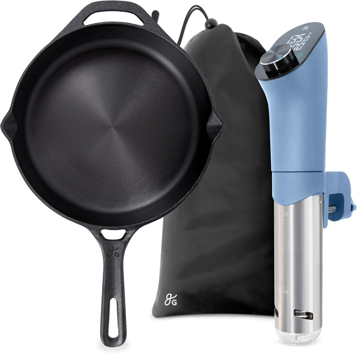 Greater Goods 10” Cast Iron Skillet and Sous Vide for Father's Day. Stone Blue.