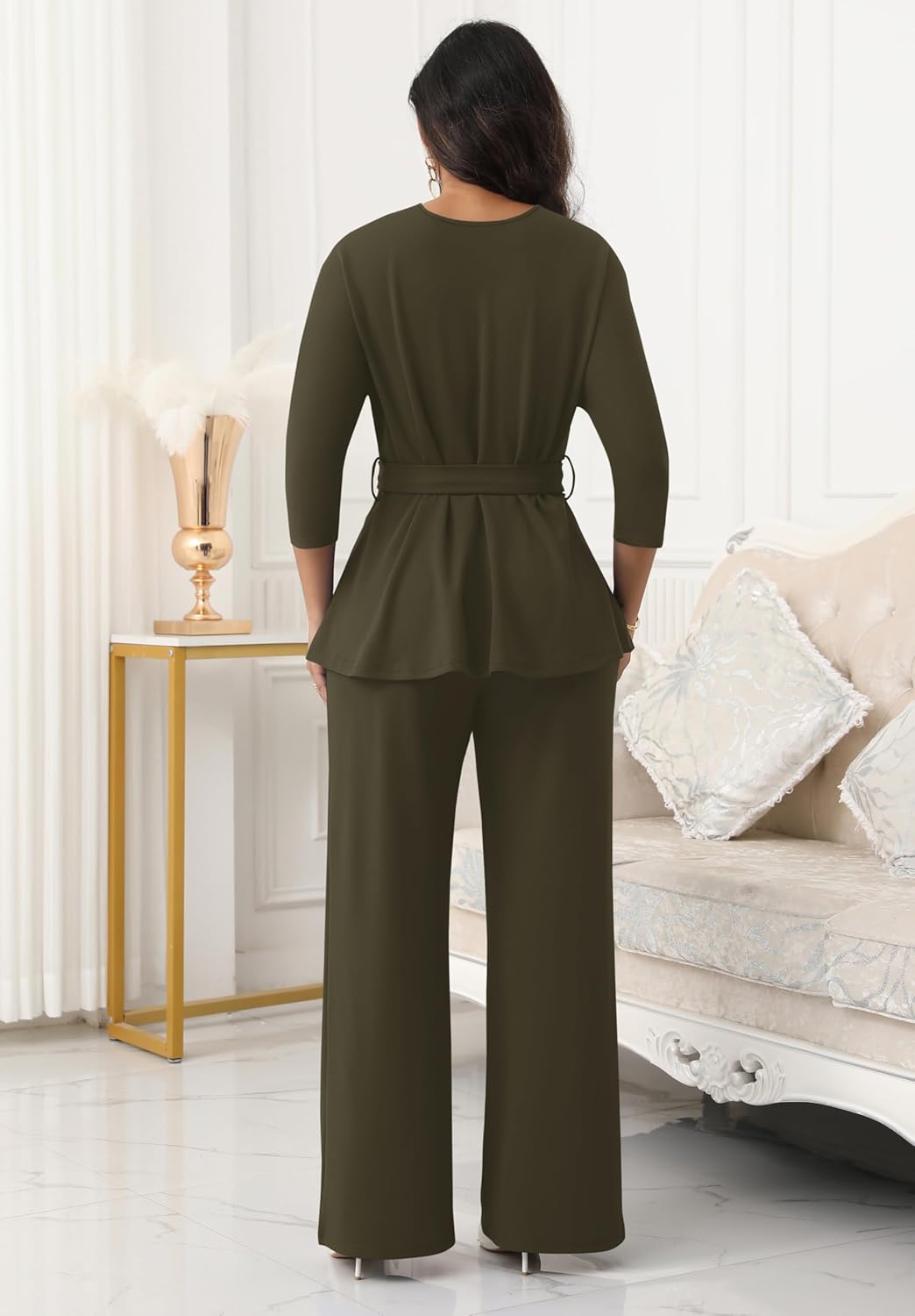 CLOCOR Women's 2 Piece Outfits Suit Set 3/4 Sleeve Peplum Top Flared Pants Sets Business Pantsuits - Image 5