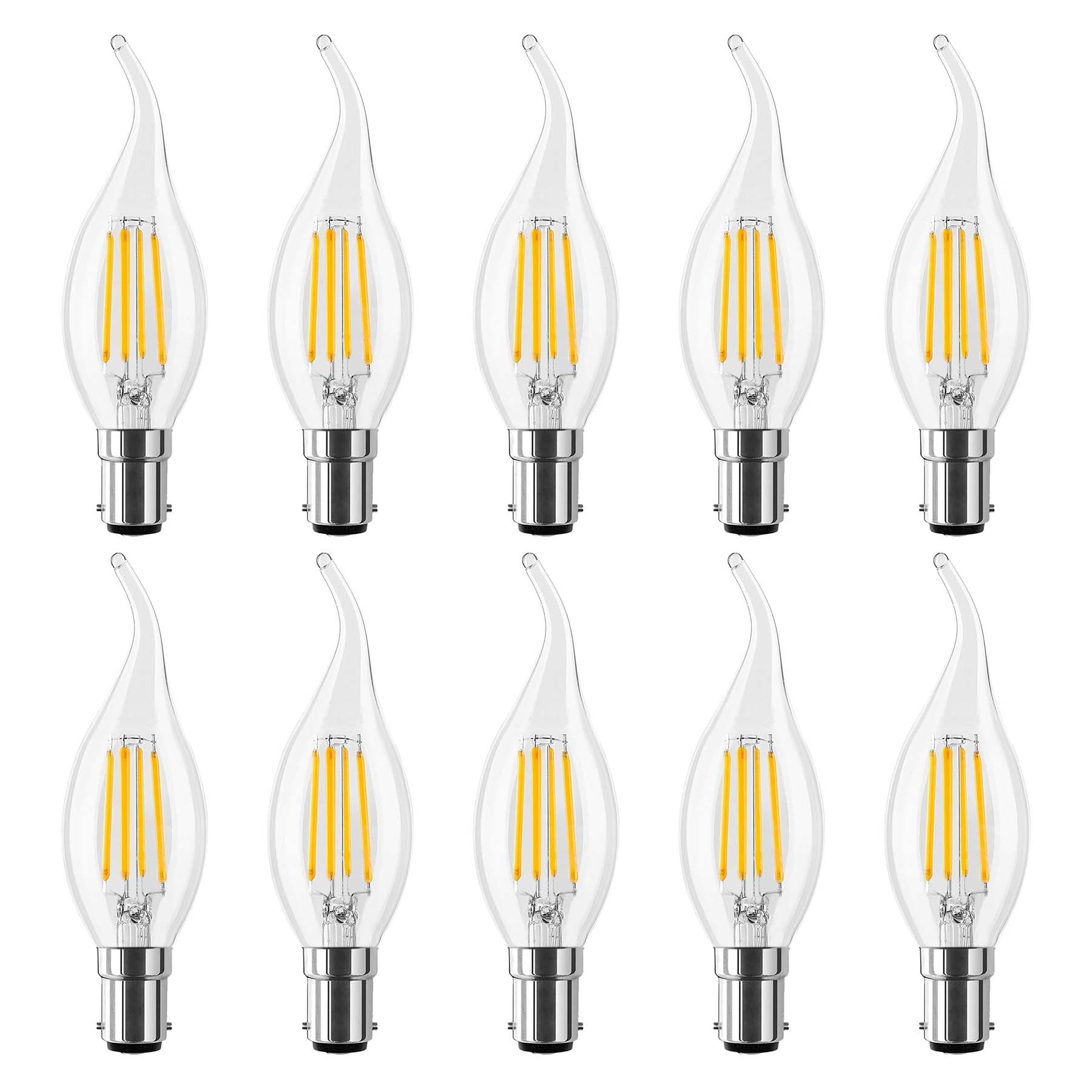 G.W.S® LED Filament Bulb, C35 B15 Small Bayonet, LED Flame Tip Candle Bulb, 4W Dimmable Warm White 2700K, Clear Glass, Pack of 10