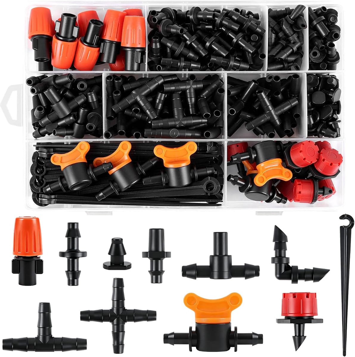 230 Pcs 1/4 Inch Drip Irrigation Fittings Kit, 1/4" Dripline Complete Barbed Connectors- Nozzles, Micro Drips, Nozzle Tees, Single Barbs, Couplers, Tees, Valves, Elbows, Plugs, Crosses, Stakes