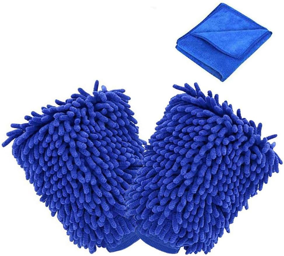 Tospanic Car Wash Gloves with a Towel 2pcs Premium Microfiber Ultra-soft Cleaning Mitts for Car Window Home Cleaning Cloth Duster Towel Mitten (blue)