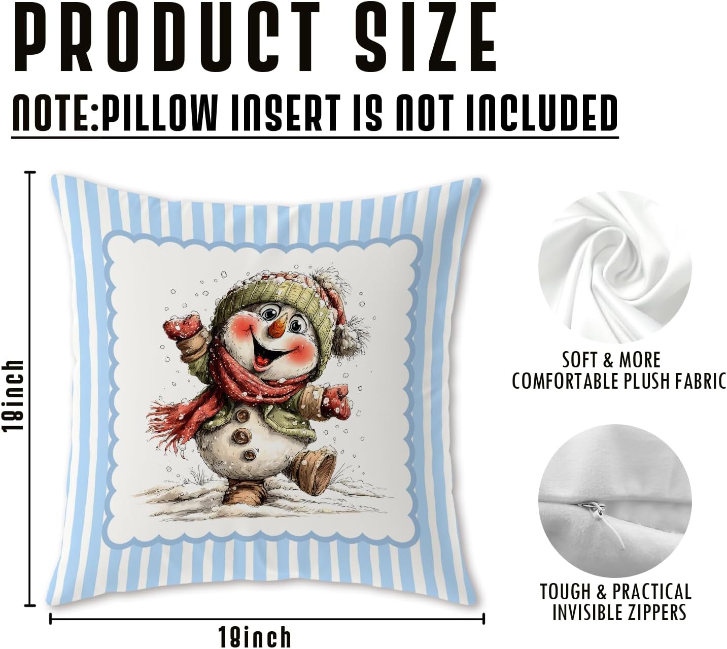 Blue Striped Christmas Snowman Pillow Covers 18x18, Winter Home Decor, Whimsical Xmas Winter Funny Snowman Decorative Throw Pillow Covers for Couch Sofa Bedroom Kids Room Playroom