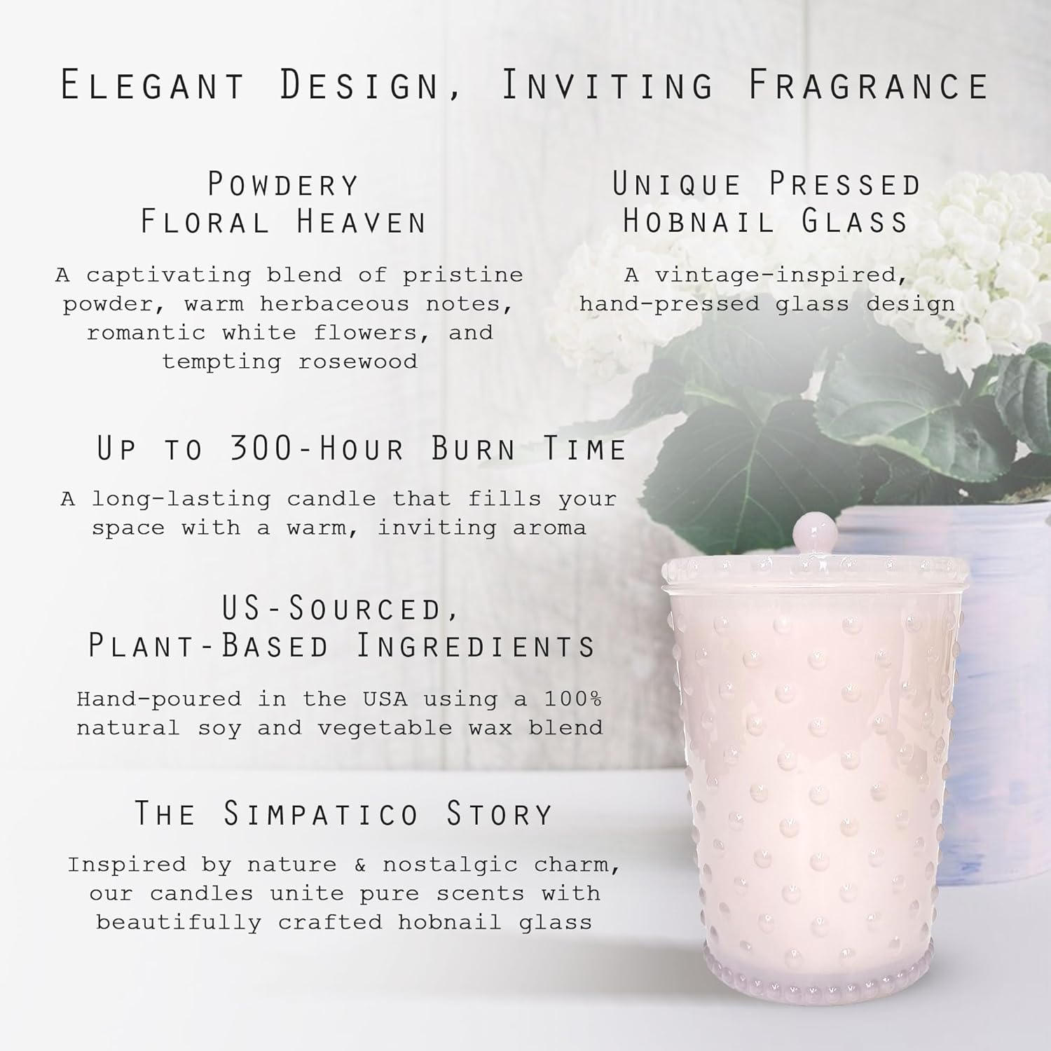 Simpatico Grande No. 42 White Flower Hobnail Candle, Powder & Romantic White Flowers Scent, Up to 300 Hour Burn Time, Hobnail Glass Jar, Scented Candles for Home, 50 oz
