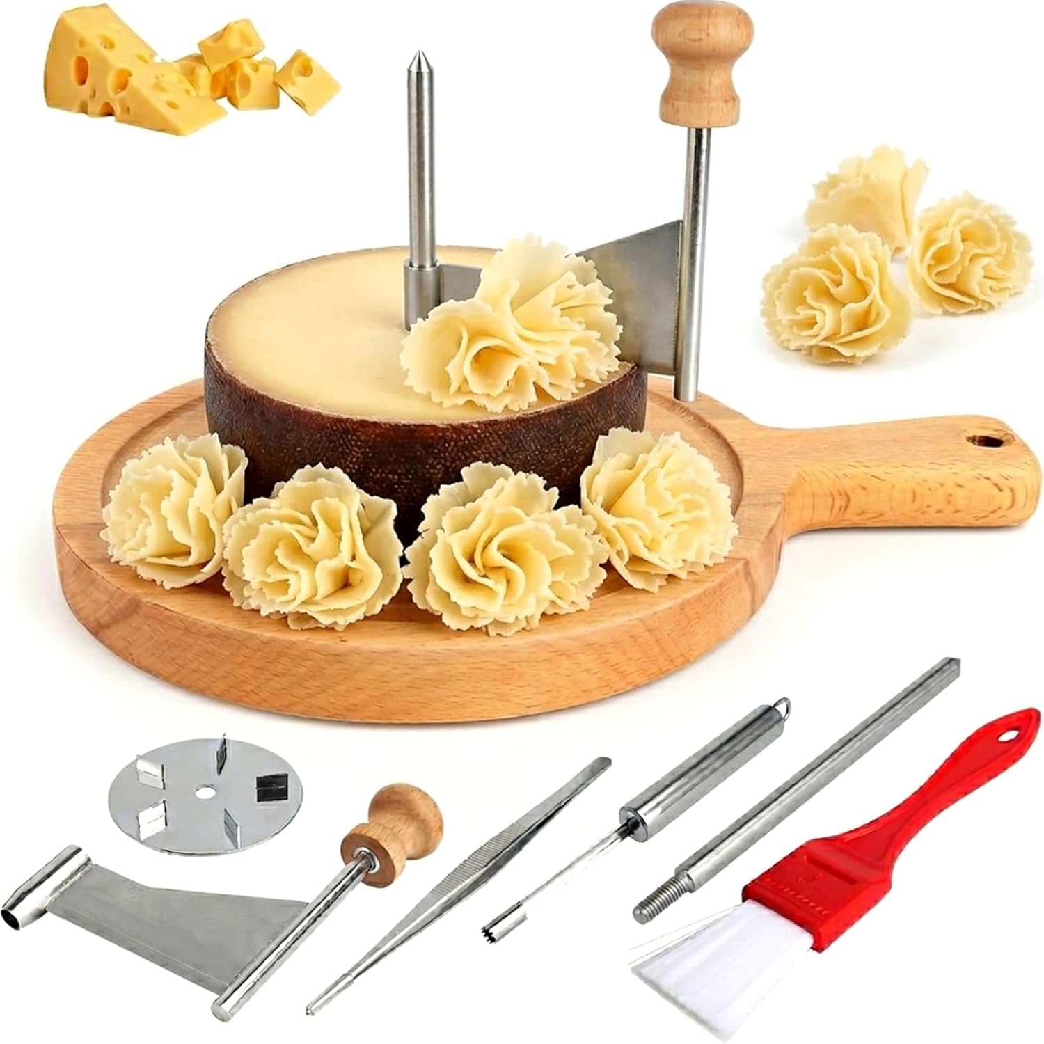 Cheese Curler and Girolle for Tête de Moine, Professional Stainless Steel Cheese Shaver with Durable Wood Base, Manual Cheese Flower Maker for Charcuterie Boards