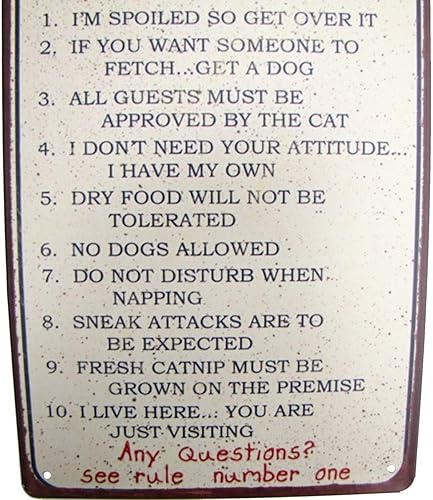 Miniatura 4 de Letrero de metal para puerta de pared con diseño de gato divertido de 10 reglas del tesoro Gurus, regalo para decoración del hogar