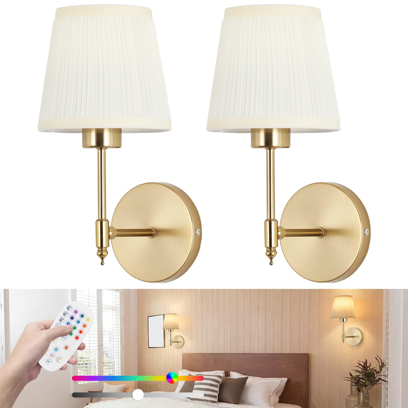 Battery Operated Wall Lights indoor,Rechargeable Wall Lights with Remote,Wireless Wall Sconce with Pleated Shade,15 RGB Colors Dimmable,Gold Cordless Wall lamp for Bedrooms Living Room Hallway.