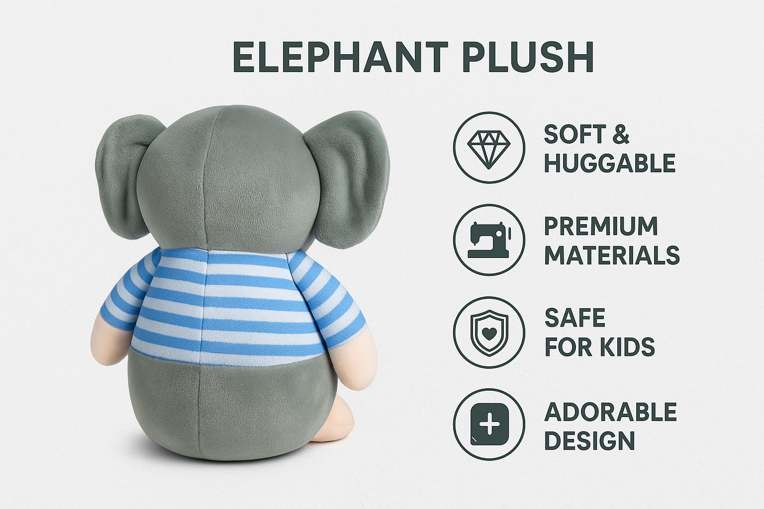 Fun4you Elephant Soft Toy for Kids 25 cm - Cute Animal Plush Toy with Red Striped Shirt - Stuffed Elephant Toy for Baby Boys & Girls - Cuddly Soft Animal Toy for Toddlers 3