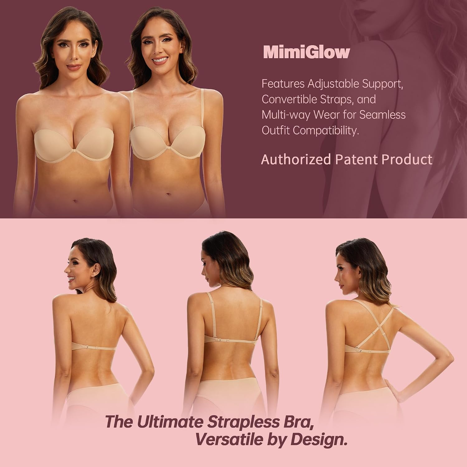 Women's Strapless Bra Push Up-Non Slip Underwire Invisible Low Back Multiway Support Padded Plunge Bra for Comfort Lift