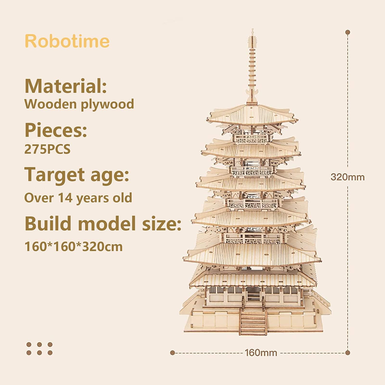 ROBOTIME Puzzle 3D in Legno Taglio Laser Kit Costruzione Legno Meccanico per Adulti Cinque Piani Pagoda Rompicapo Modellini Kit Giocattoli Educativi