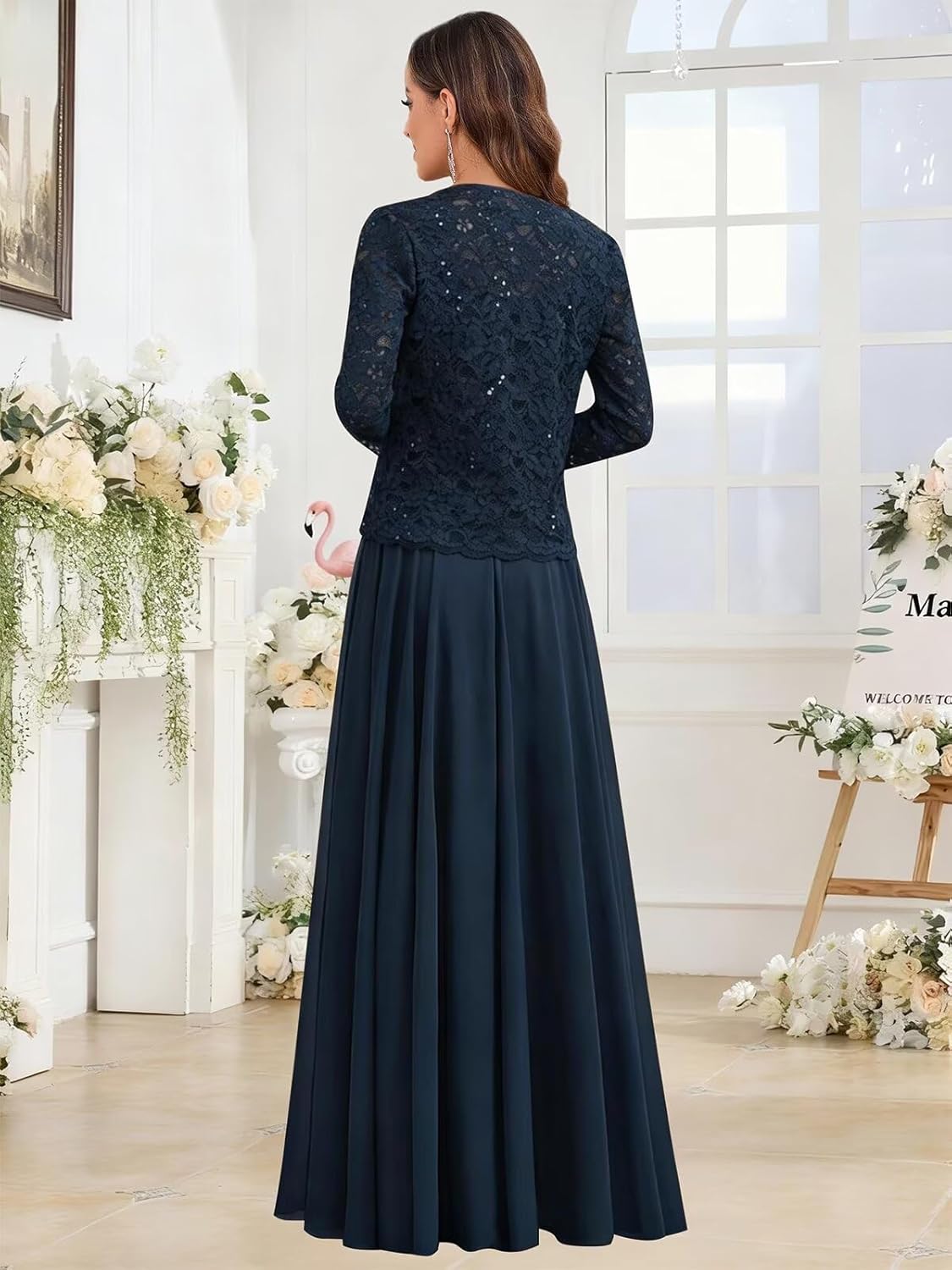 2 Piece Long Sleeve Chiffon Mother of The Bride Dresses with Jacket Lace Formal Evening Gown for Women