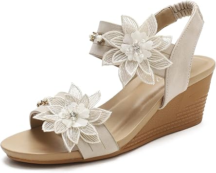 Charmstep Womens Wedges Strappy Sandals Flower Bohemian Open Toe Elasticated Slingback Low Heel Holiday Beach Dress Shoes