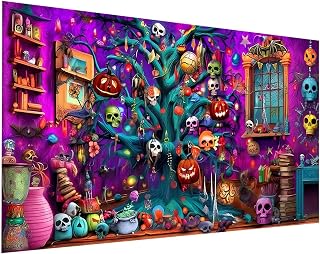 Ohhvvow Large Halloween Diamond Painting Kit - Colorful Ghost & Pumpkin Ornament Tree in Spooky Room, 3D Decor Scene, 5D Full Drill Round Diamonds & Tools, Holiday DIY Craft Gift for Women Men