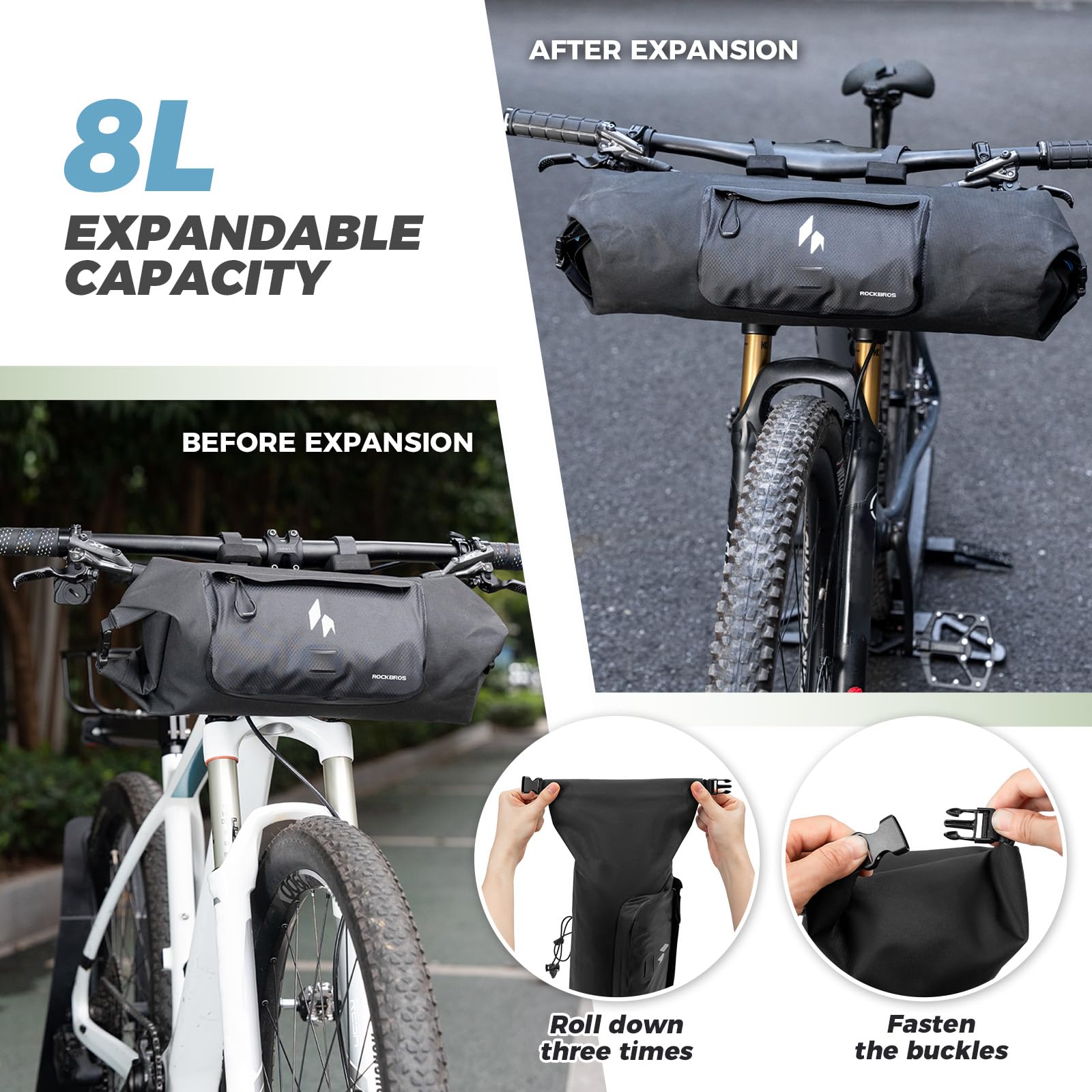 ROCKBROS 100% wasserdichte Lenkertasche Fahrrad 8L Bikepacking | Fahrradtasche mit Rollverschluss und Fronttasche, ideal für Gravelbike, MTB, Faltrad und E-Bike