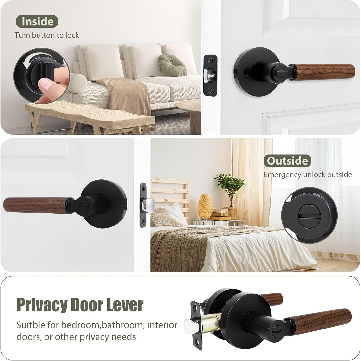 Walnut Wood Privacy Door Lever - Reversible Keyless Locksets Door Handles for Interior Bedrooms&Bathrooms Room Door Lock Zinc Alloy Base (1 Pack, Black, Privacy)