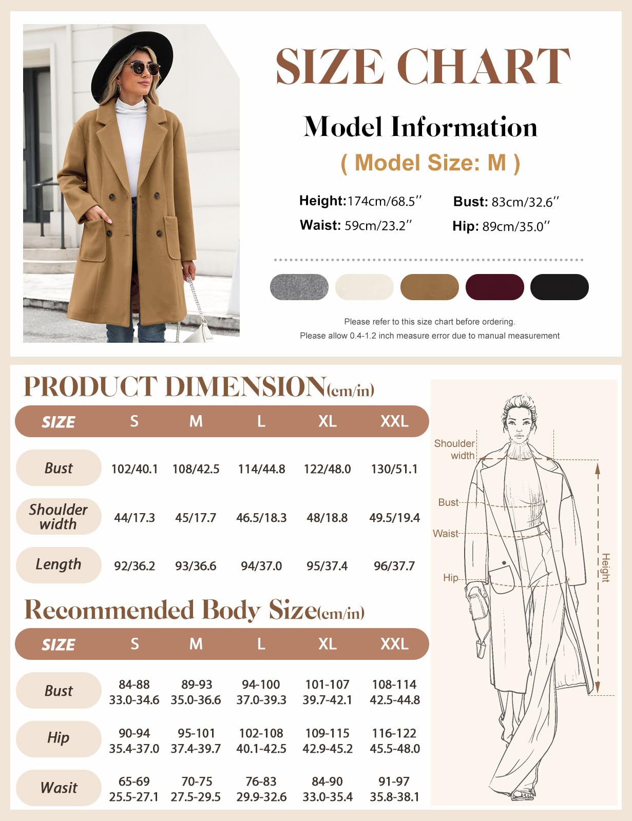 Yuson Girl Cappotto Donna Lungo Elegante Cappotti Lana Autunno e Invernale Cappottino in Lana Caldo Giacca Cardigan Doppiopetto Trench Coat Media Lunghezza Jacket Parka con Tasche