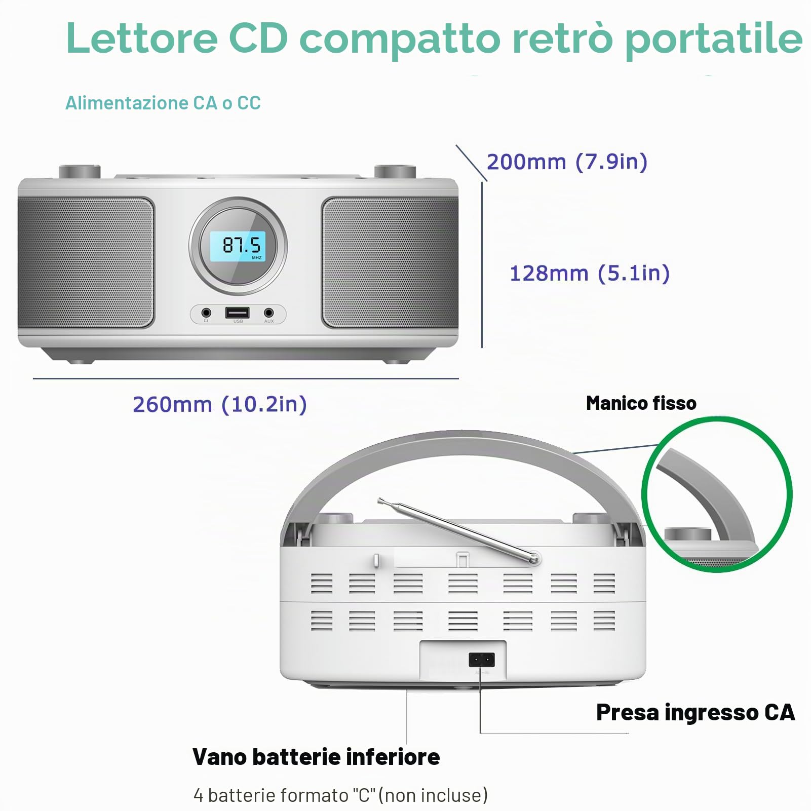 Radio Portatili Boombox con Bluetooth, Telecomando, Lettore CD Stereo con Radio FM, Ingresso Blue Tooth, USB, AUX-IN,Compatibile CD-R/CD-RW,AC o Alimentato a Batteria