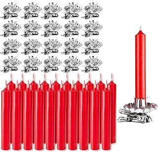 BRUBAKER Tree Candles with Tree Candle Holders - Pack of 20 - 3Â¾ x Â½ Inches Candles Red + Traditional Vintage Candle Holders with Clip Silver - Christmas Set
