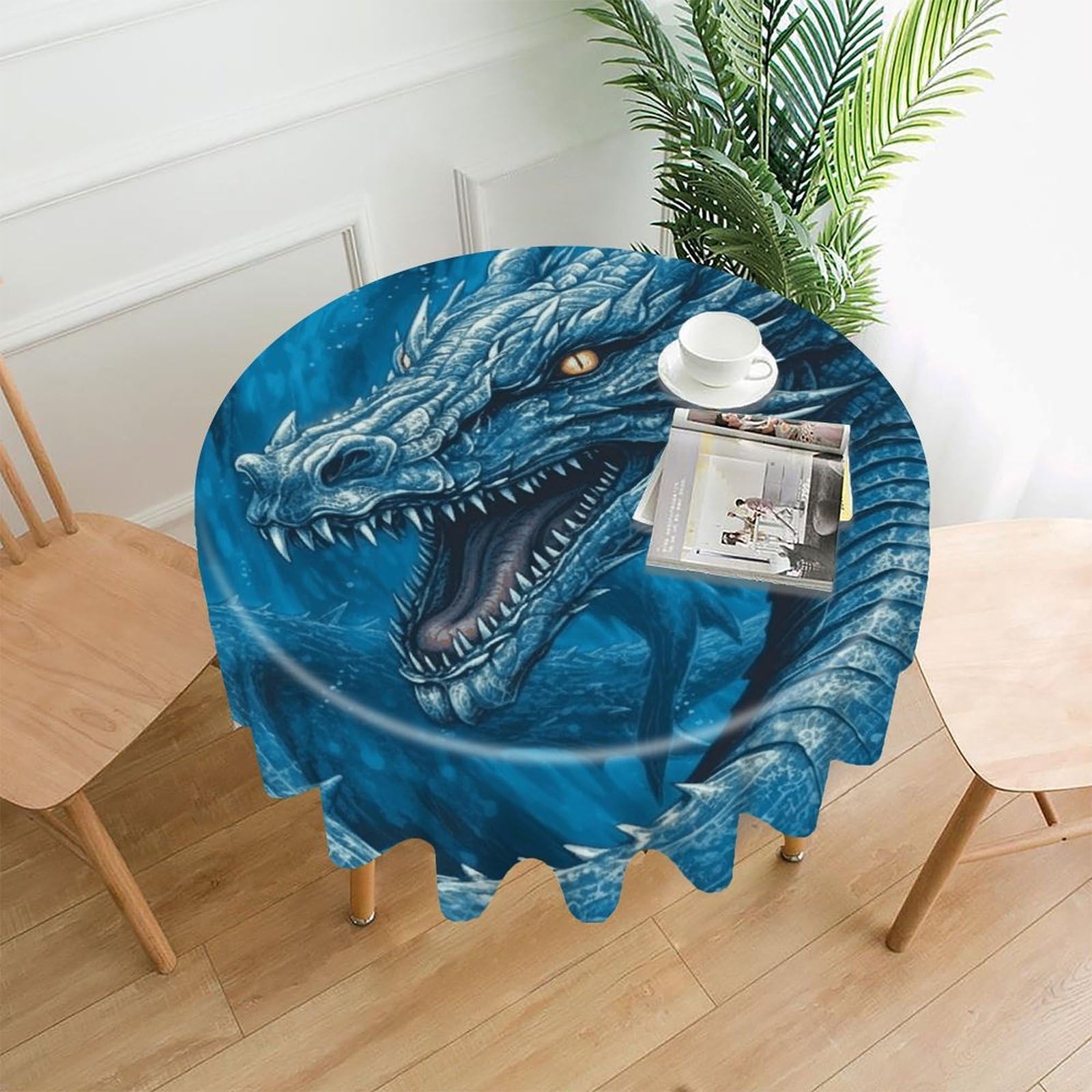 VstaDank Dragon Cool Blue Tablecloth Easy to Clean Polyester Round Table Cover Washable Round Table Cloth Wrinkle-Free Circle Decoration Tablecloth for Kitchen Dining Room 60"