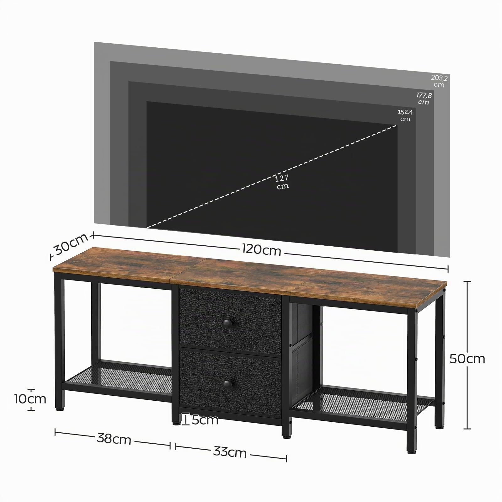 YATINEY Mueble para TV, Soporte para Televisor de hasta 55", Mueble Multimedia con Estantes y 2 Cajones, Marco de Metal, para Salón, Dormitorio, 120 x 30 x 50 cm, Marrón Rústico y Negro XDS02BR