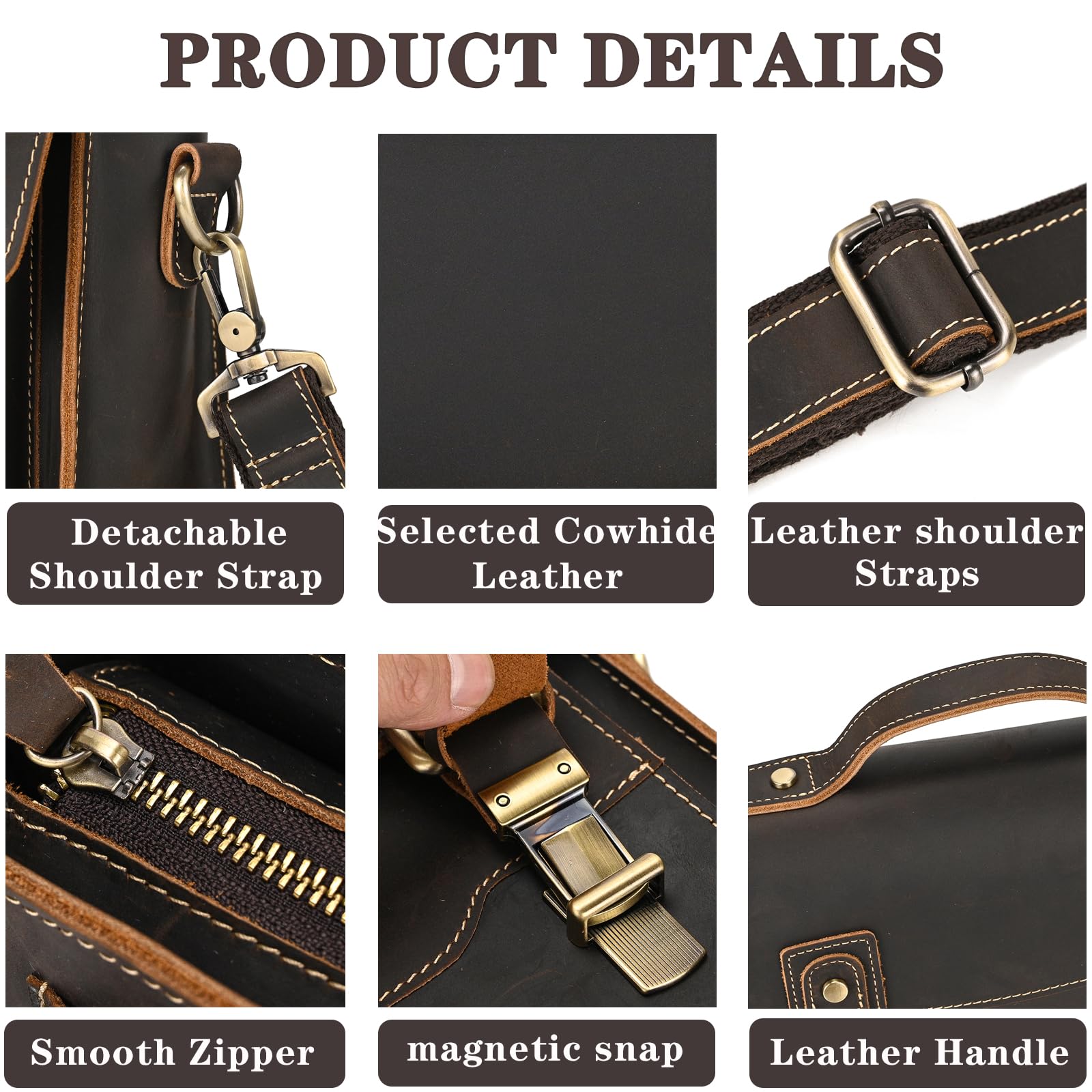 Bolso bandolera de piel auténtica para portátil de hasta 9,7 pulgadas con correa para el hombro, bolso de trabajo, bolso de mano, 9505 marrón oscuro, 9505 Marrón Oscuro