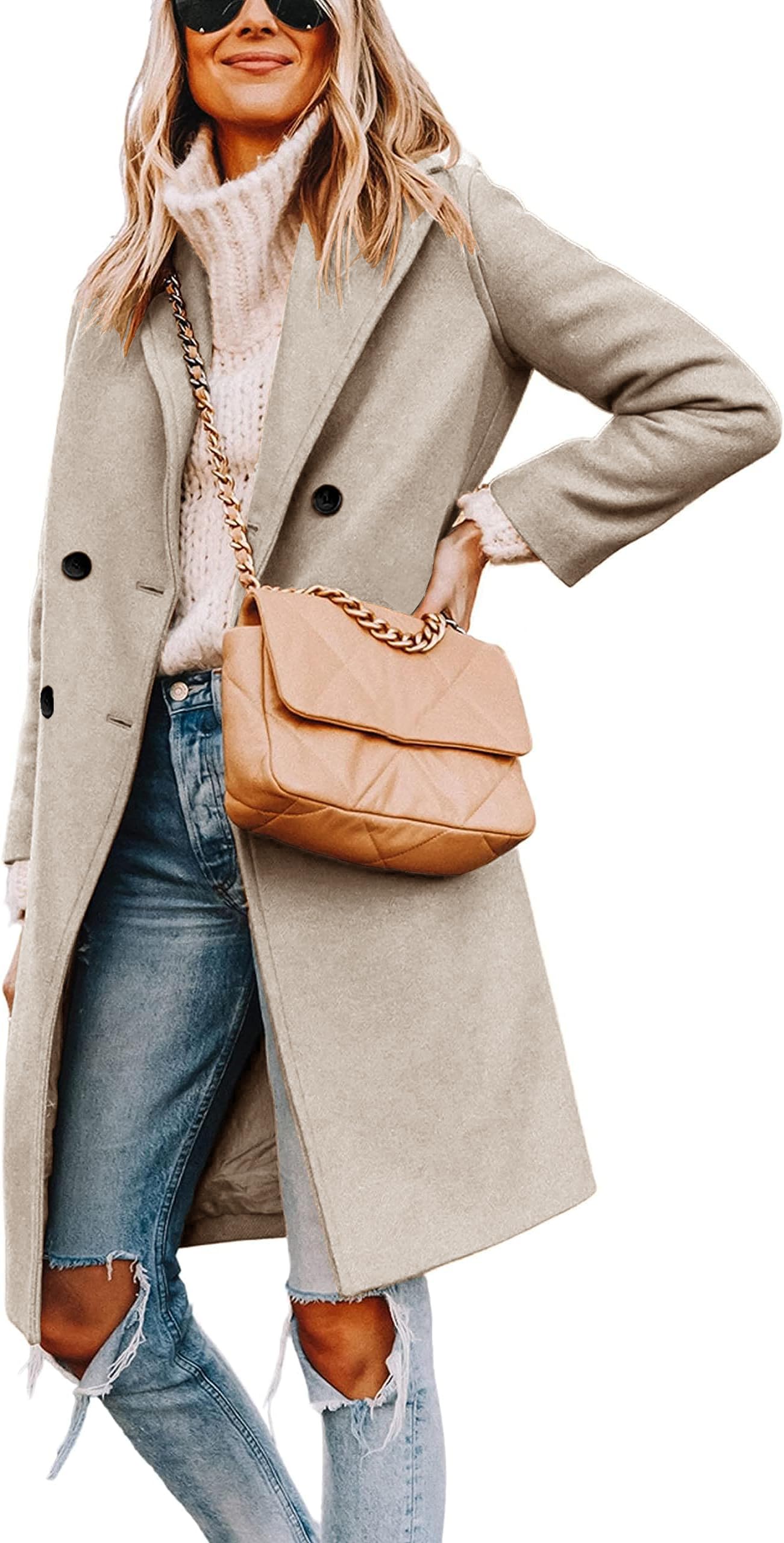 Women's Notch Lapel Double Breasted Pea Coat Mid Long Fall Winter Trench Overcoat-image-33