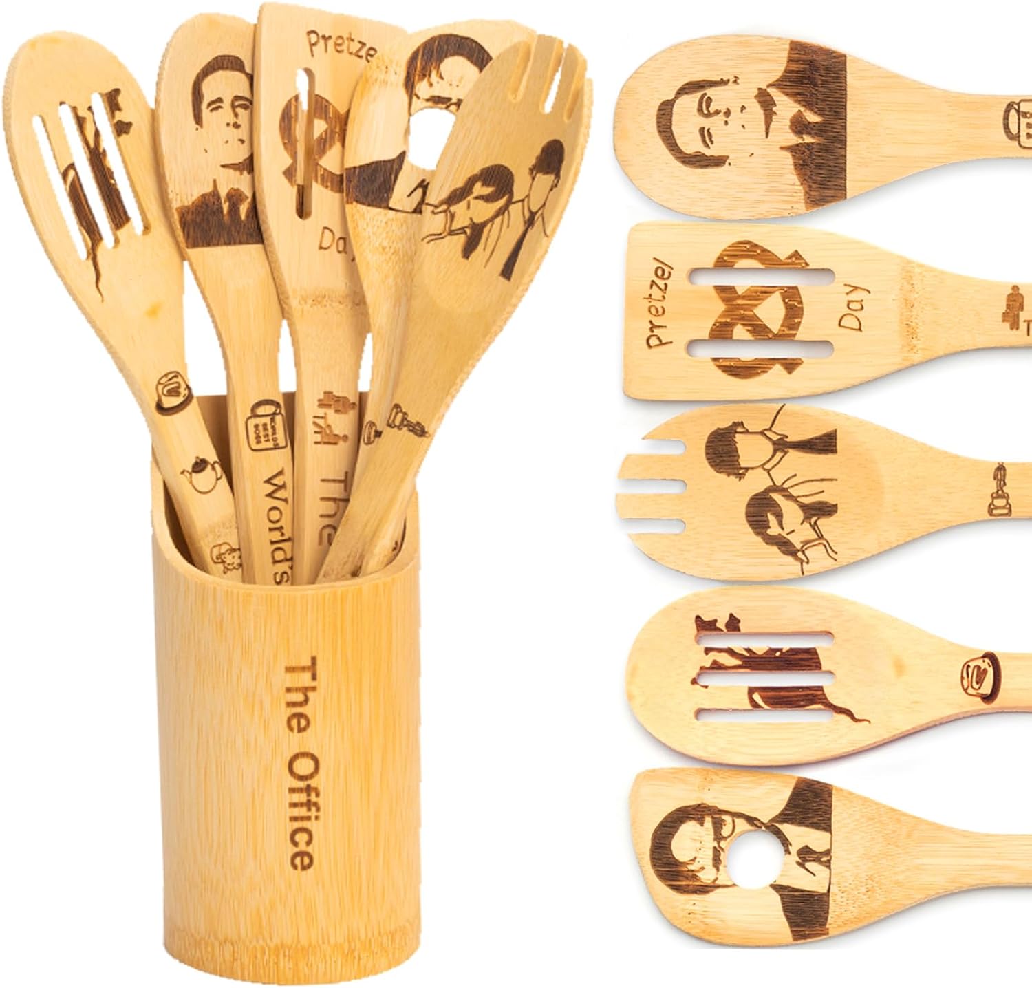 The Office Wooden Spoons Set, TV Show Merchandise Gifts for Fans, 6 Piece Kitchen Utensils with Holder, Non-Stick, Cooking and Serving, Housewarming Decor Present for Women/Mom