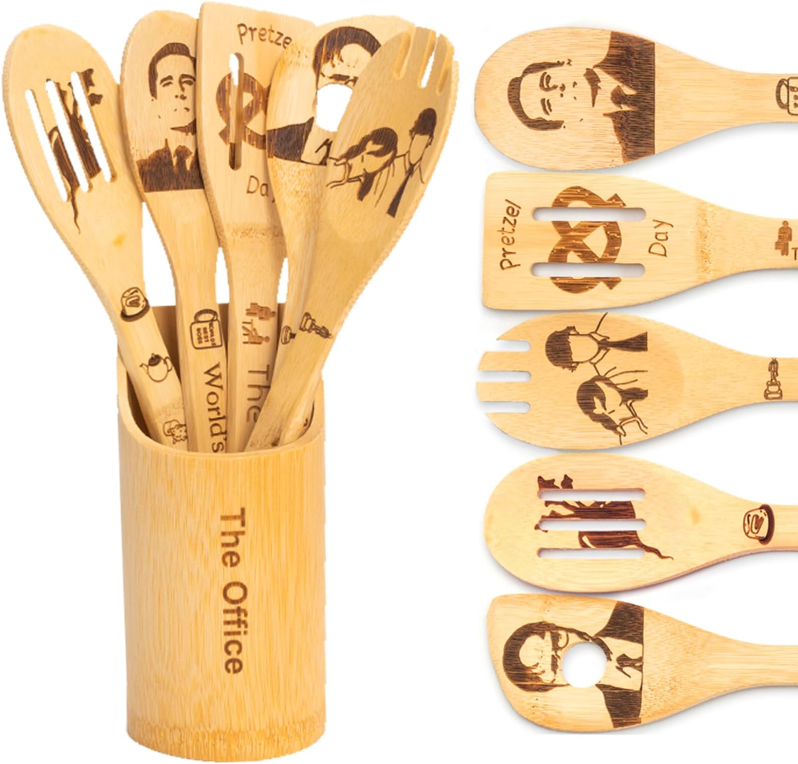 The Office Wooden Spoons Set, TV Show Merchandise Gifts for Fans, 6 Piece Kitchen Utensils with Holder, Non-Stick, Cooking and Serving, Housewarming Decor Present for Women/Mom