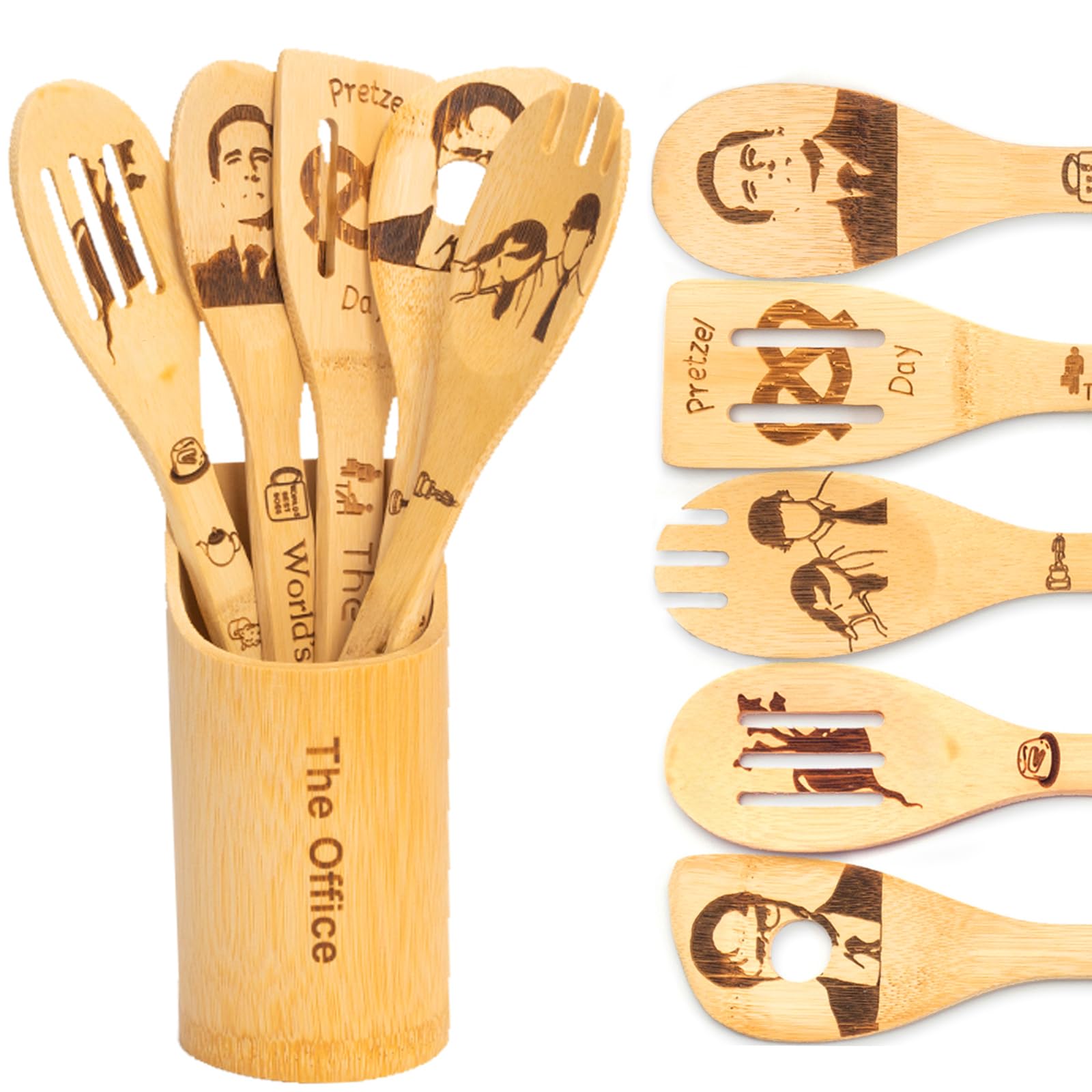 The Office Wooden Spoons Set, TV Show Merchandise Gifts for Fans, 6 Piece Kitchen Utensils with Holder, Non-Stick, Cooking and Serving, Housewarming Decor Present for Women/Mom