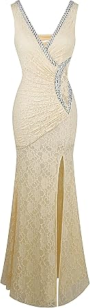 Angel-fashions Womens V Neck Lace Split Ruffled Beading Sheath Wedding Dress