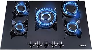 Arebos Gaskochfeld 70cm 5 Brenner | Gasherd aus gehärtetem Glas | Einbaukochfeld mit Gusseisen-Topfträgern | Erdgas & Propangas | Gaskocher mit integrierte Zündsicherung