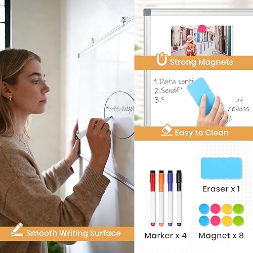Miniatura 4 de Pizarra blanca magnética de doble cara, pizarra blanca de borrado en seco de 48 x 36 pulgadas para pared con marco de aluminio, tablero de