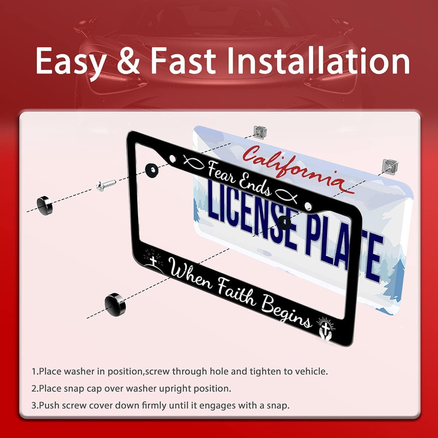 2pcs Fear Ends When Faith Begins Stainless Steel License Plate Frame image 5