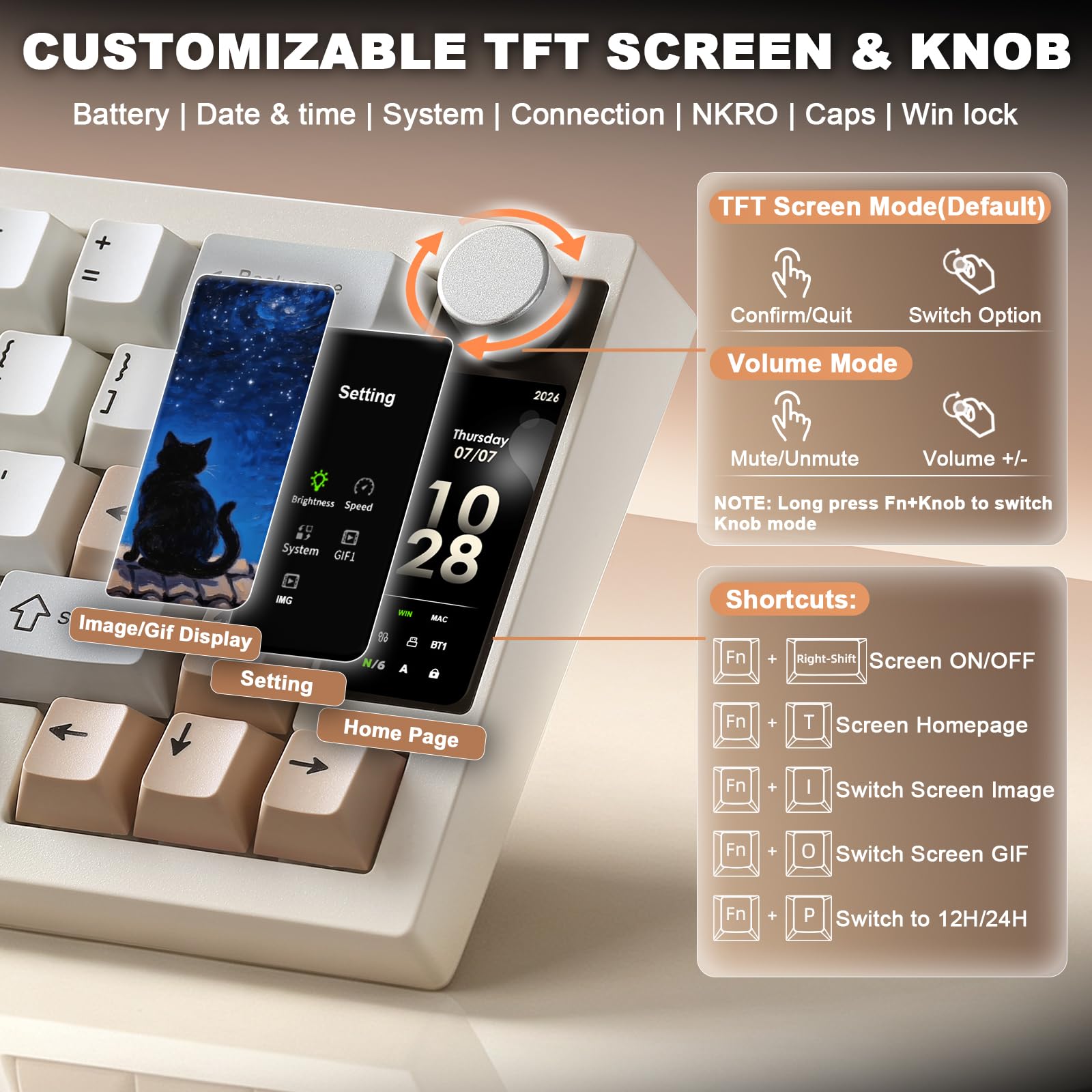 YUNZII IF68 QMK/Via Clavier Gamer Mécanique sans Fil (Beige, Candy) | Format 65% avec Écran TFT et Bouton Rotatif, Bluetooth/2.4G/Filaire, Hot-Swap, PBT, RGB, QWERTY, pour PC/Mac