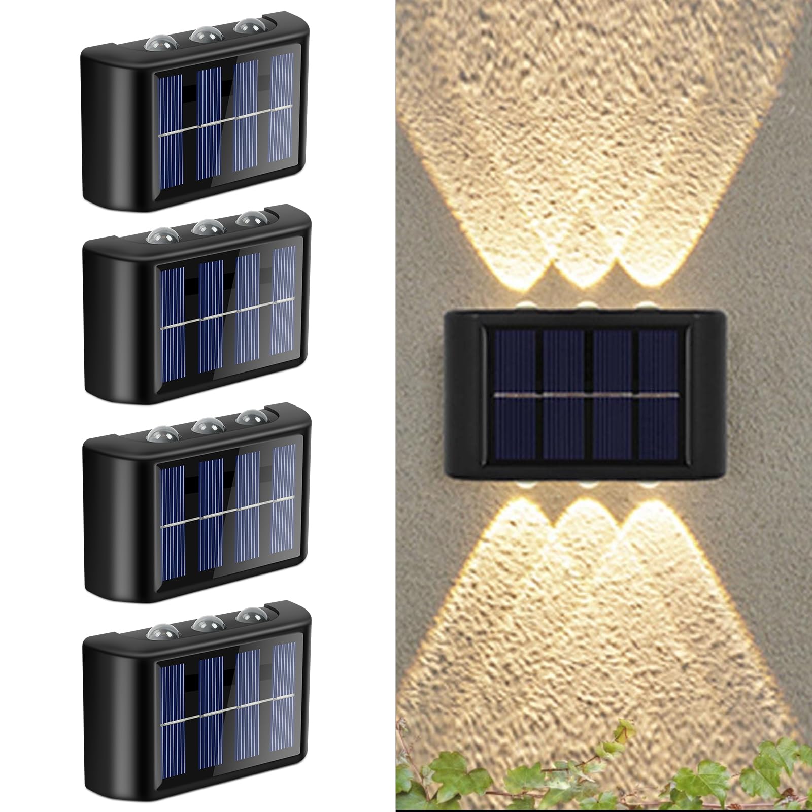 flintronic 4PCS Lámpara de Pared Solar para Exterior, Iluminación 6 LED para Exterior, Impermeable, Inalámbrica, para Porche, Camino, Garaje, Blanco Cálido