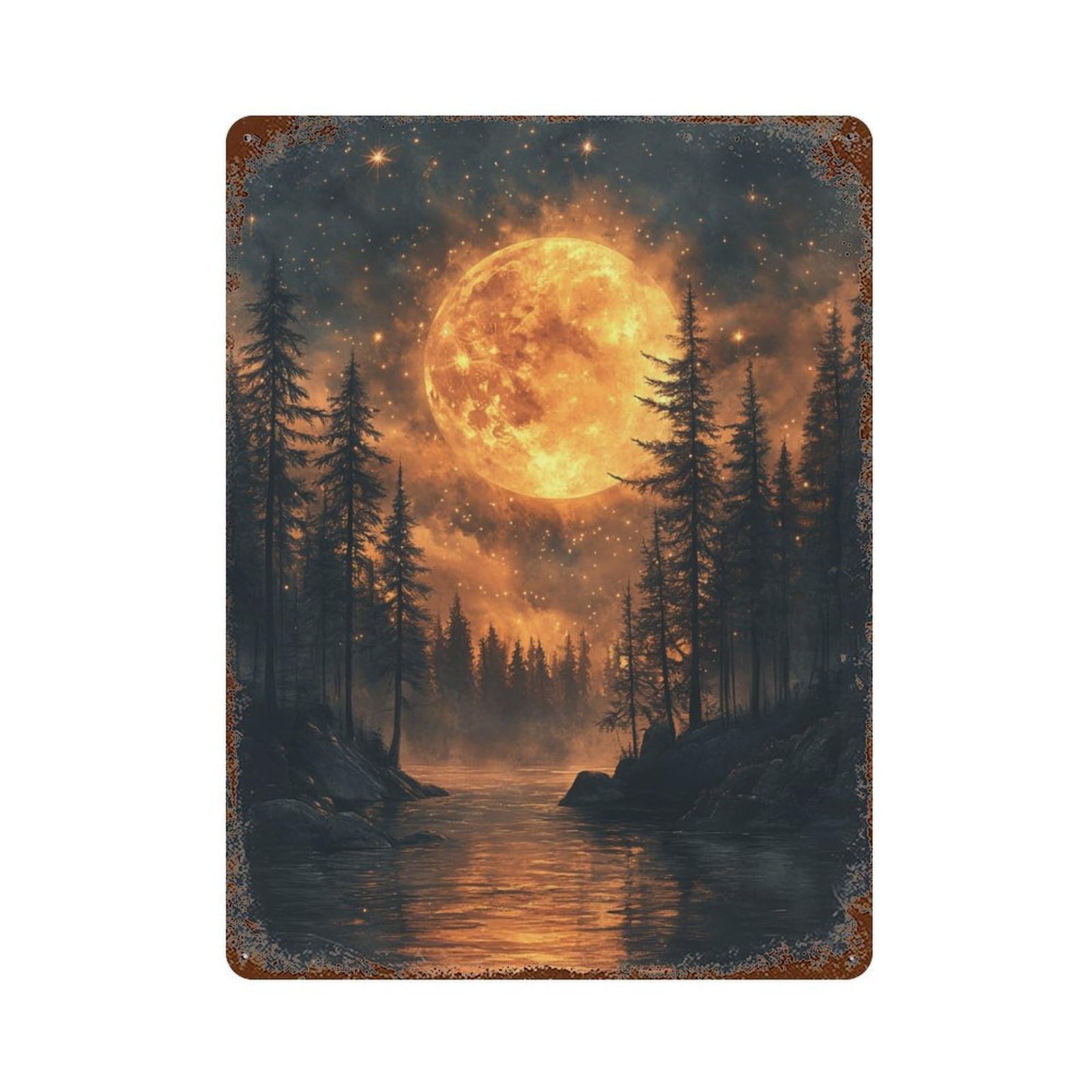 Vintage Rust Metal Sign with Moonlit Forest Reflections Design 15.7"x11.8", for Office, Studio And Wall Decor, Farmhouse Wall Decor