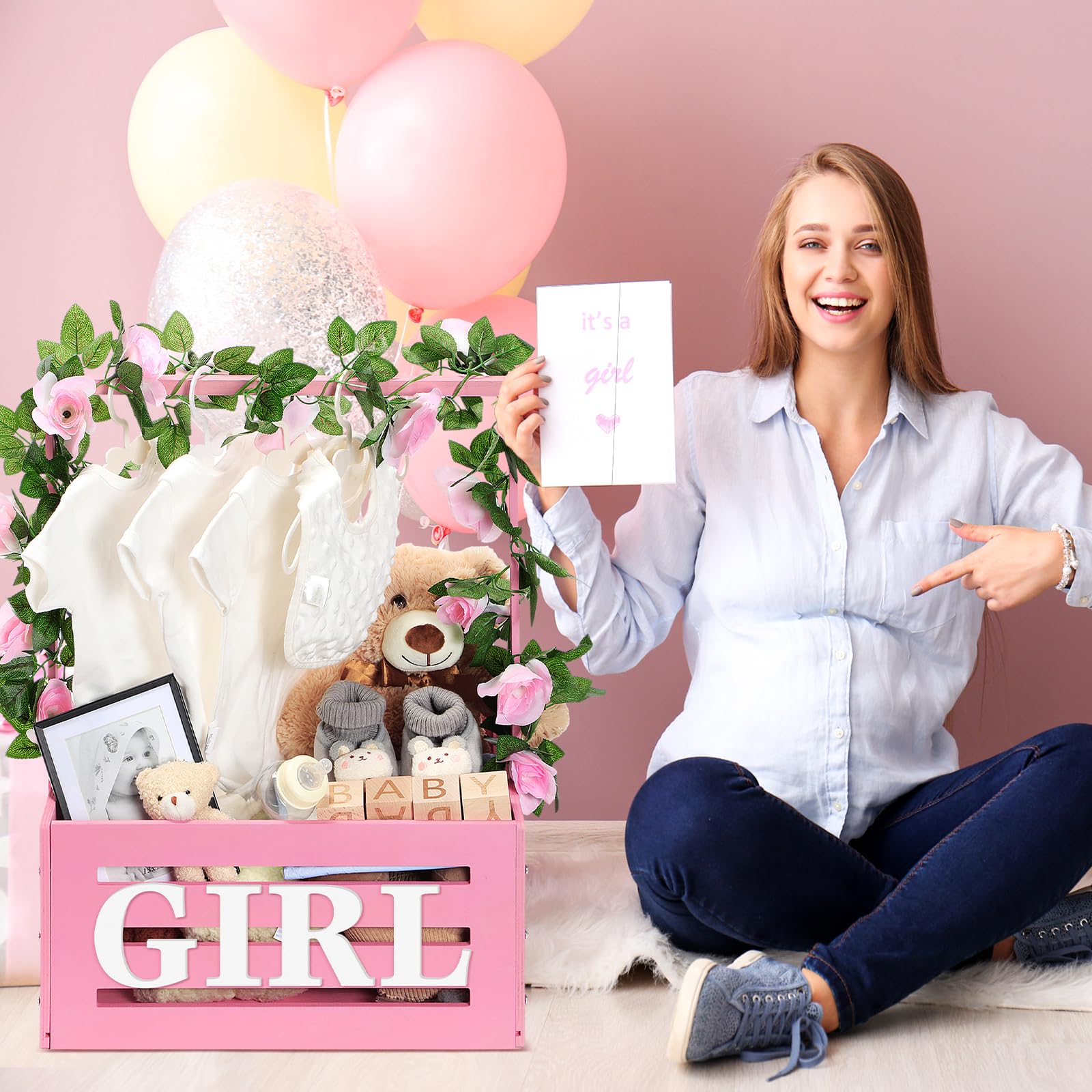 Yerliker Caja de almacenamiento de madera para baby shower con asa, guirnalda de 26 letras, caja de regalo para niñas y niños, regalos de embarazo (rosa)