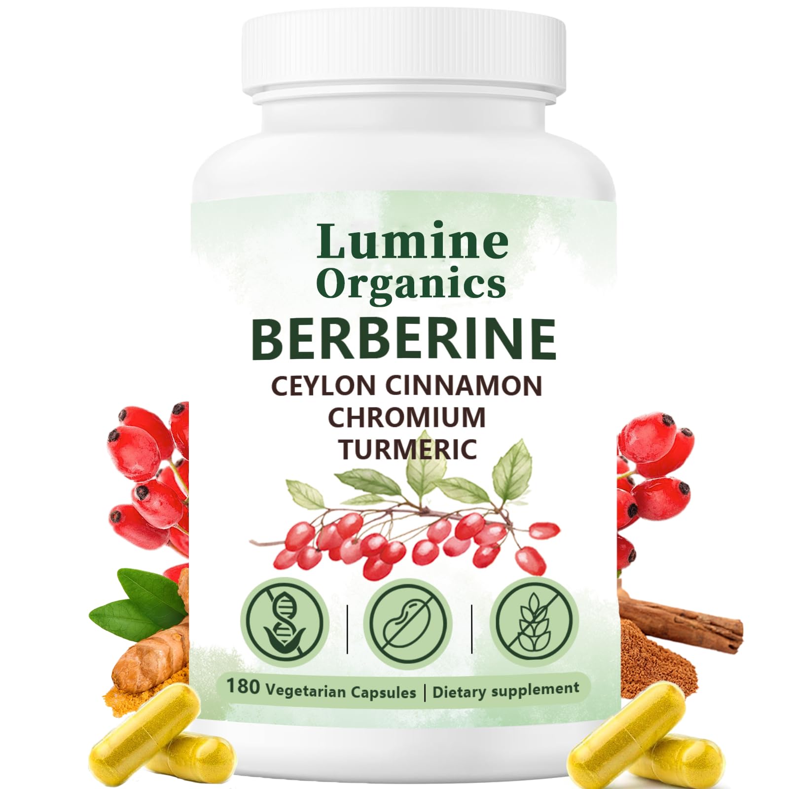 1PCSLumine Organics Berberine, Berberine 4 in 1 Complex,Vegan, Non-GMO,180 Capsules (1PCS)